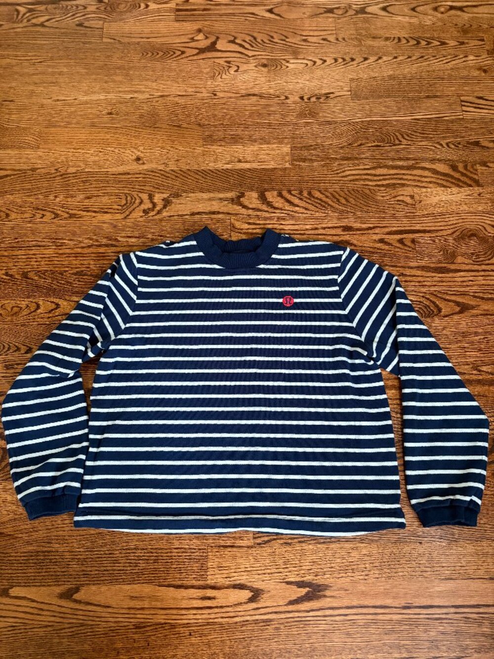 Lululemon Cotton French Terry Crew Sweatshirt Sz Large Striped Navy Blue White